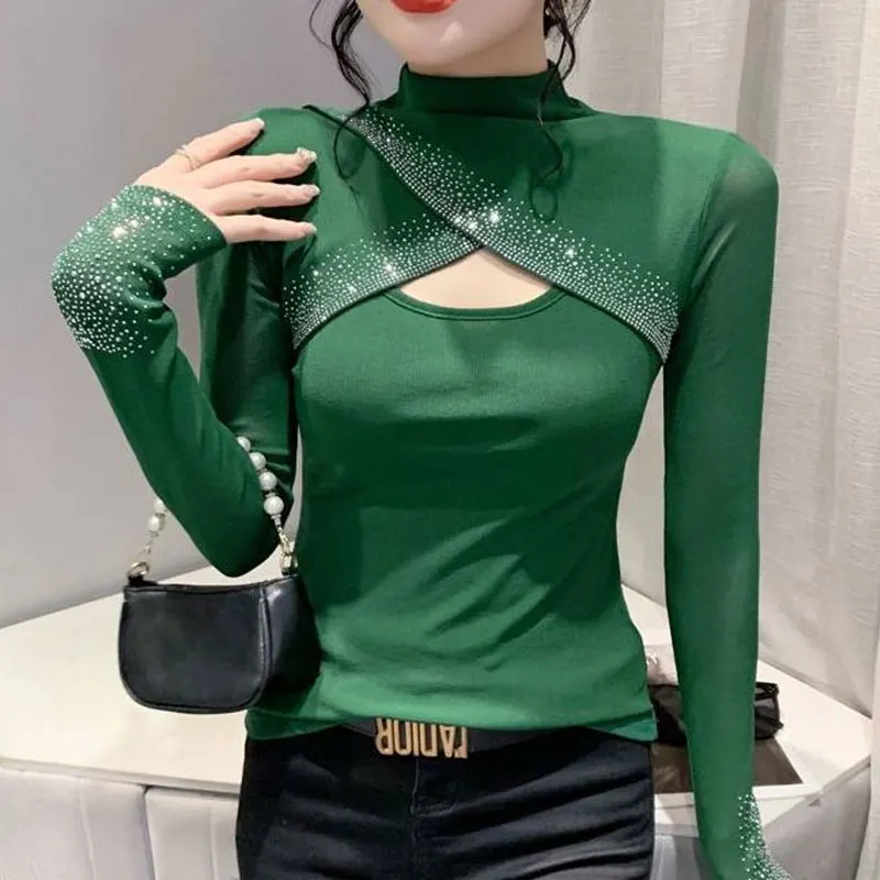 Women's Clothing Undercoat Korean Fashion Slim Solid Color Hollow Out Diamonds Half Height Collar Long Sleeve Pullovers T-Shirts