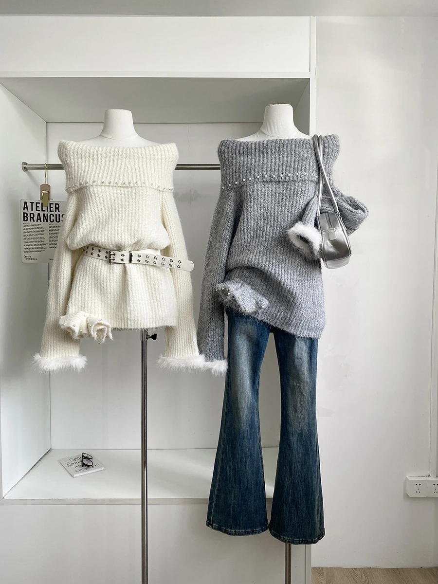 

Off-Shoulder Knitwear Women's Autumn Winter Christmas Atmosphere Rhinestone Elegant Loose Sweater Lazy Style Top
