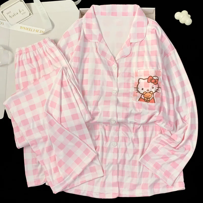 Kawaii sanrio olá kitty xadrez pijamas femininos conjunto outono animação dos desenhos animados manga longa calças compridas pijamas roupas para casa presente