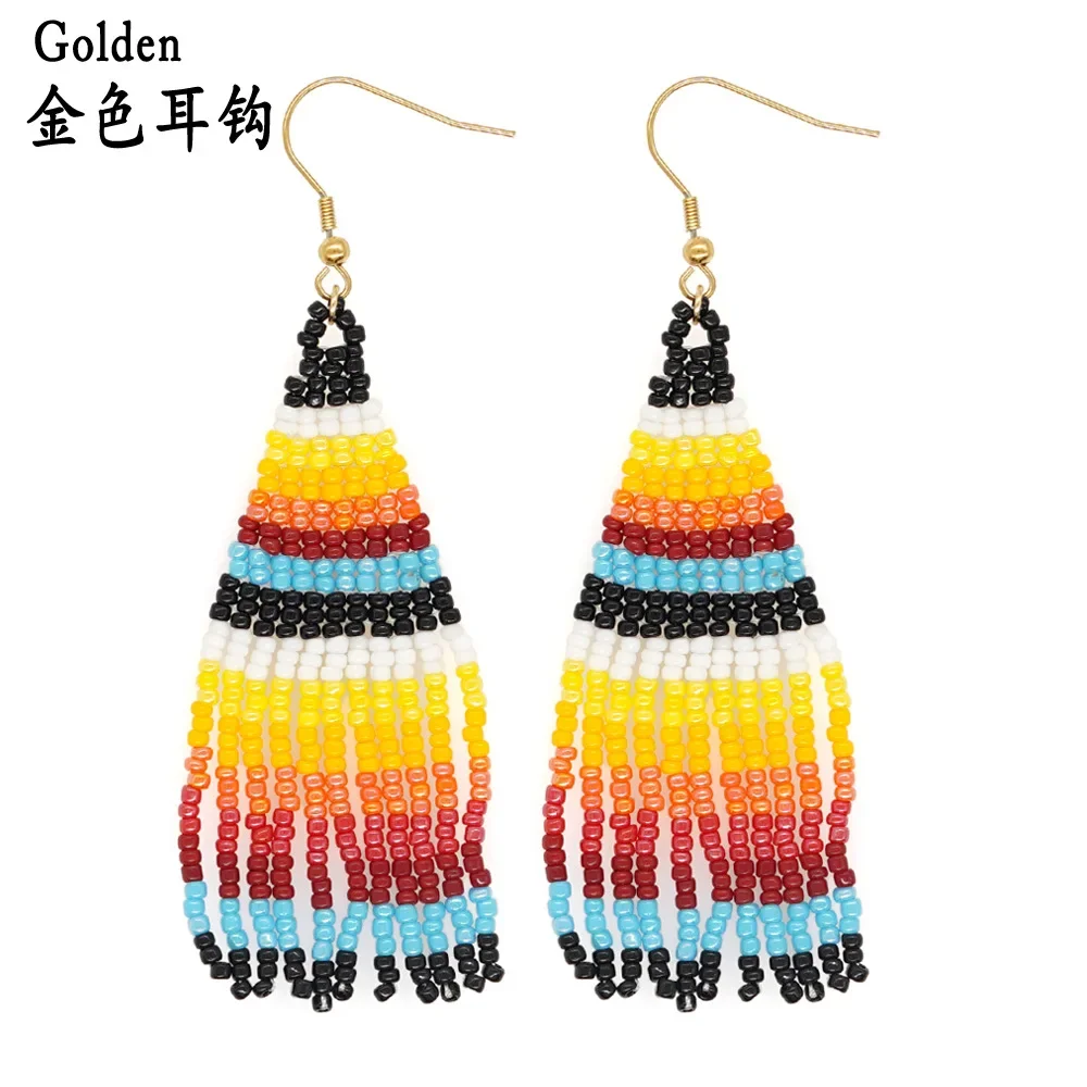 Beaded earrings Tassel Rainbow Gradient Design Originality Hand knitting Bohemia Alloy Tide Female Simple Rice bead earrings