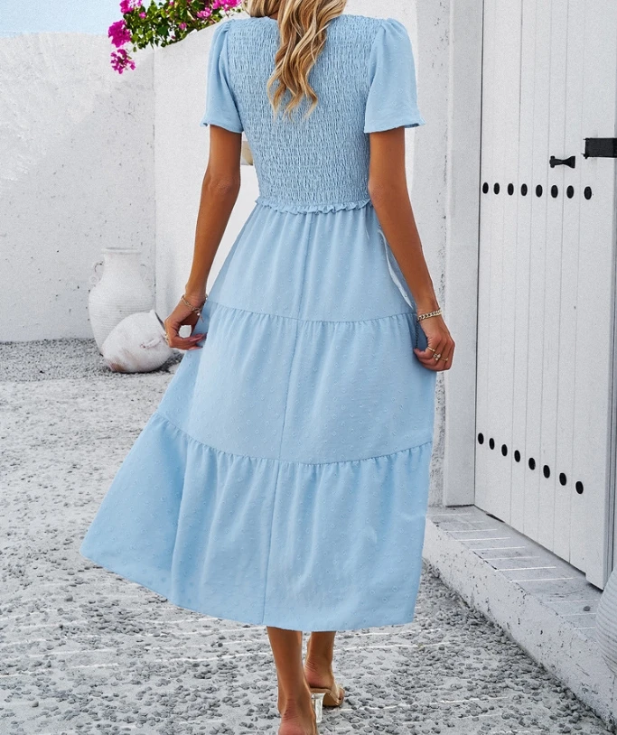 Women's Summer Dress 2024 New Elegant Casual Versatile Temperament Casual Solid Color V-Neck Short Sleeved Dress