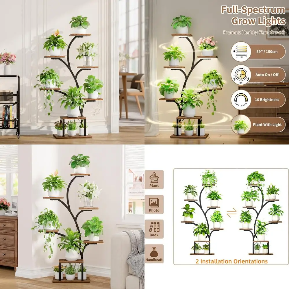 

7-Tier Indoor Tree-Shaped Metal Plant Stand with Grow Lights, 49 Tall, Brown, Suitable for Home and Patio