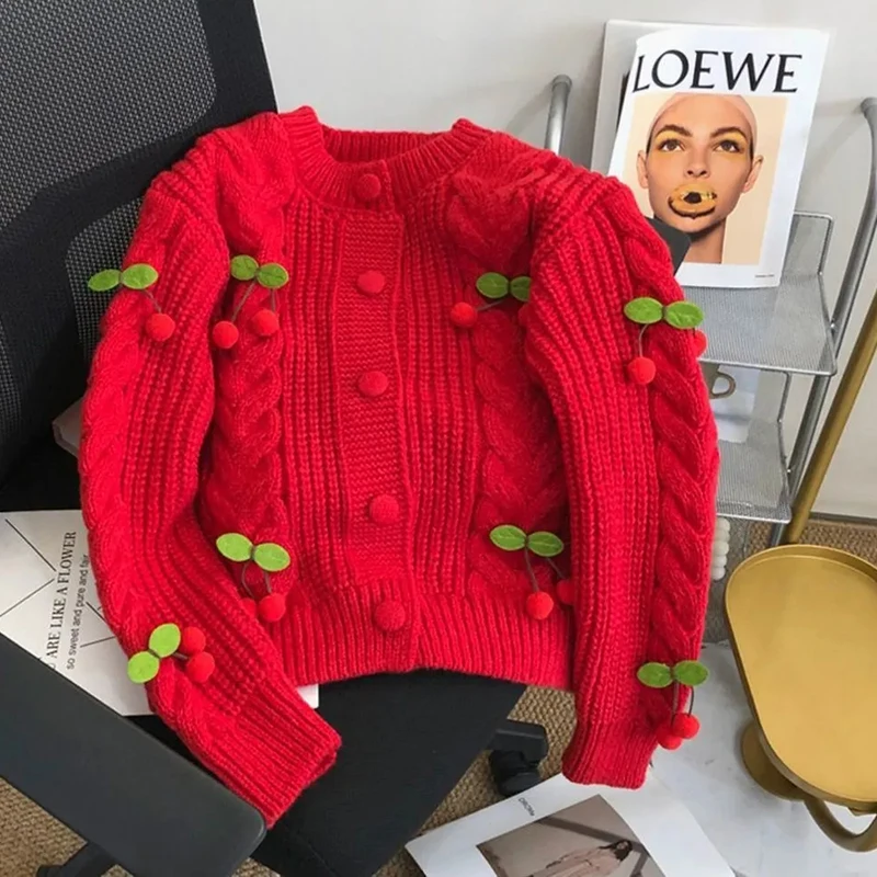 Zoki 3d Cherry Sweet Cardigan maglioni donna Casual elegante manica lunga cappotto lavorato a maglia coreano autunno allentato Fashion Design Top