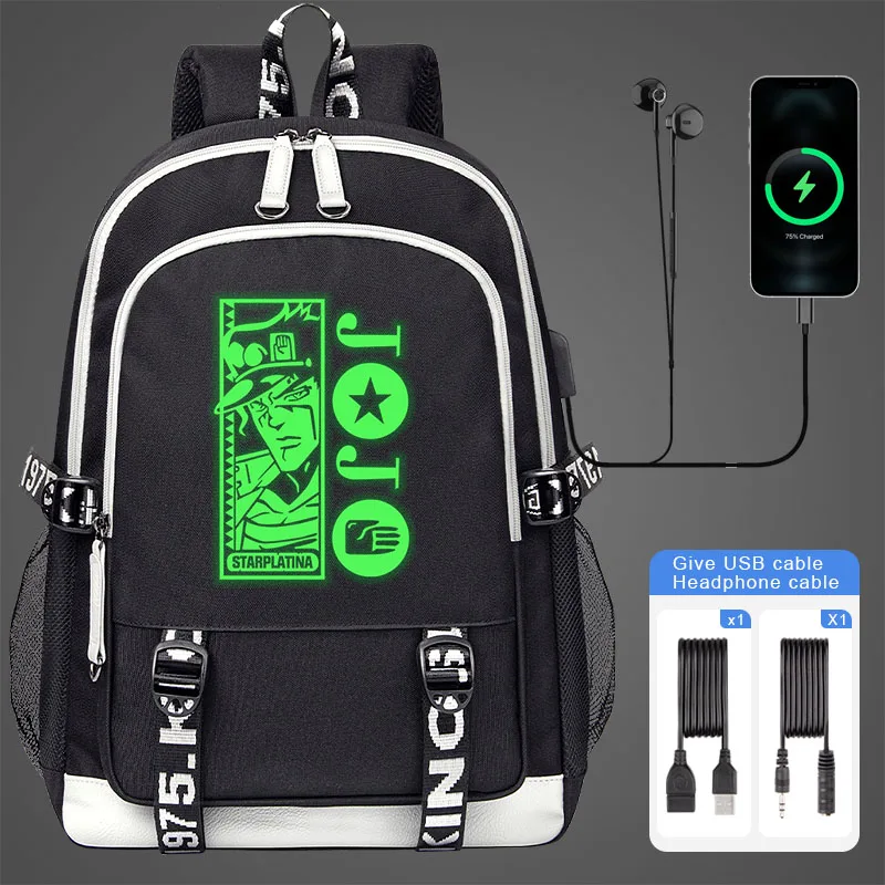 

Jojo's Bizarre Adventure Luminous School Bags Teenager USB Charging Laptop Backpack Boy Student Book Bag Mochila Travel Bag