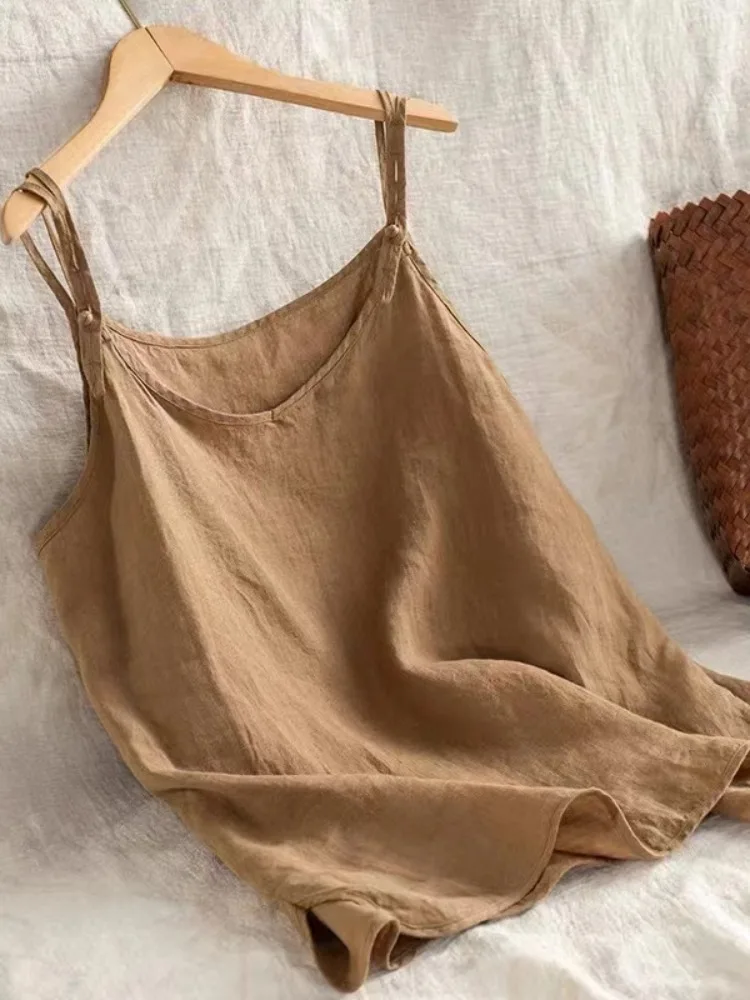 

Pure Color Cotton Linen Svel Tank Top Women Summer Artistic Loose plus Size Base irt Linen Upper Apparel