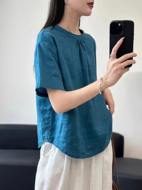 Retro Cotton Linen ort Sve irt Women Summer Casual Loose Folded Collar round Ne Linen T-irt Top Commute Sle