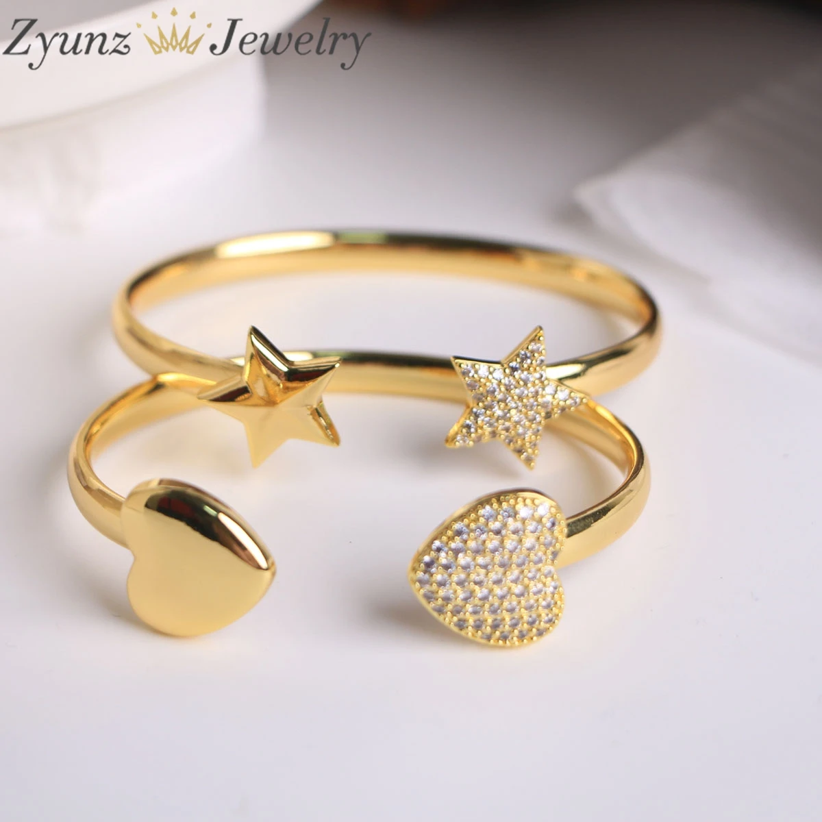 

5PCS, Sparkly Zircon Open Cuff Adjustable Luxury Gold Color Heart/Star Bangle For Women Trendy Jewelry Party Gifts ﻿
