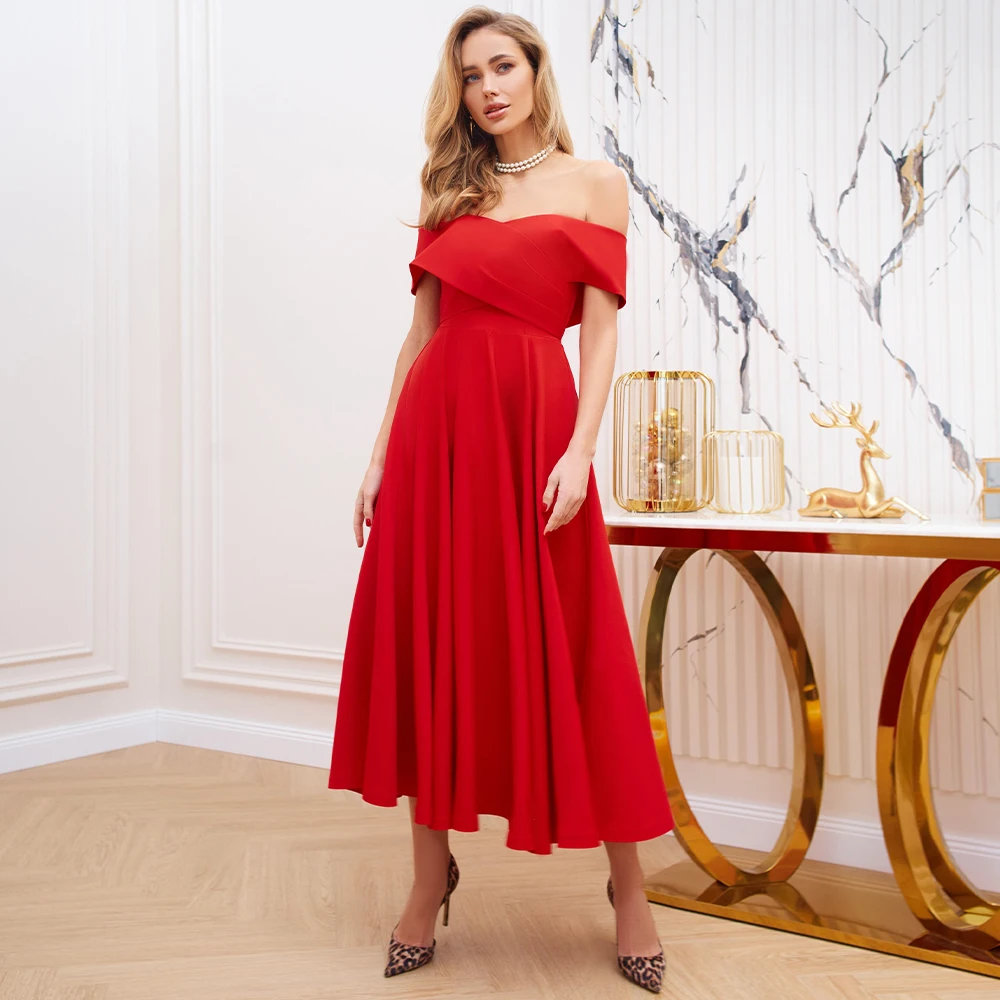 

Red Cocktail Party Dresses Midi Off the Shoulder A Line Elegant Homecoming Dress Tea Length Simple Graduation Prom Gowns 2024