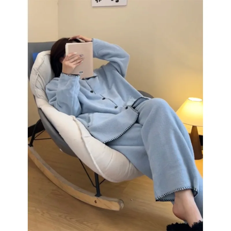 الشتاء بلون Homewear المرأة بيجامة مجموعة يمكن ارتداؤها كملابس خارجية Pj رشاقته الدفء ملابس النوم لينة المرجان الصوف ملابس خاصة #1