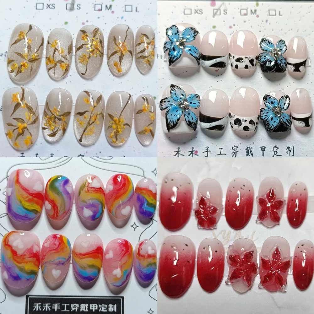 

French Osmanthus Handmade Press On Nails 3D Painting Ocean Series Full Cover Wearable Short Ballet Fake Nails Accessories