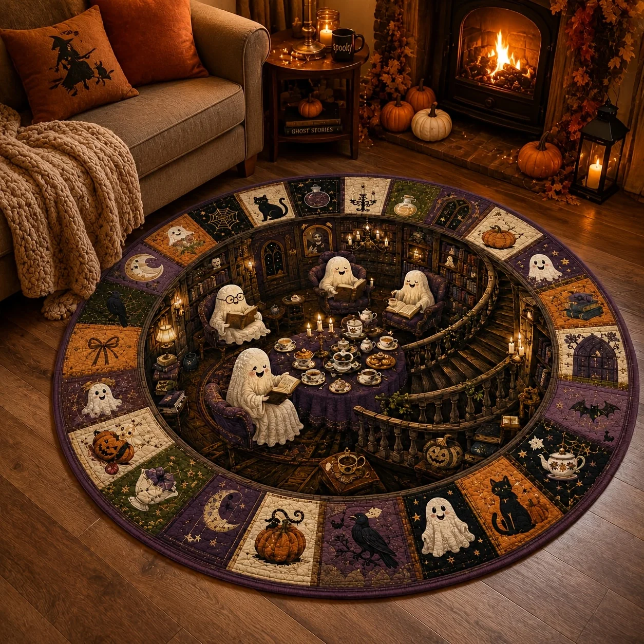 Halloween Round Carpet 3D Vortex Illusion Mummy Printed Large Floor Mat Festive Home Decor Patchwork Pattern Area Rugs