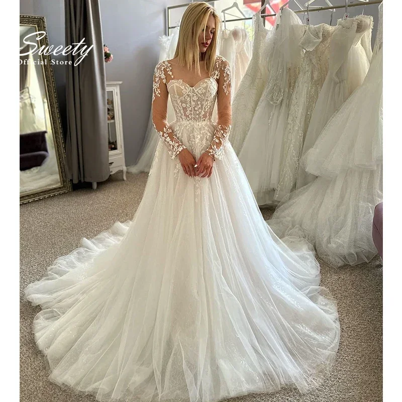 Sweetheart V-Neck Elegant Wedding Dress Organza With Embroidery Lace A-Line Bridal Dress Full Sleeve Customized Vestido De Novia