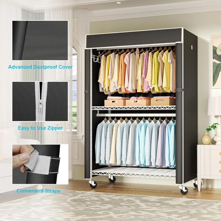 رف ملابس أبيض مع غطاء أسود P1C Plus خزائن دوارة مع عجلات للمنزل والخزانة يستخدم رف الملابس المعدني عالي التحمل #3