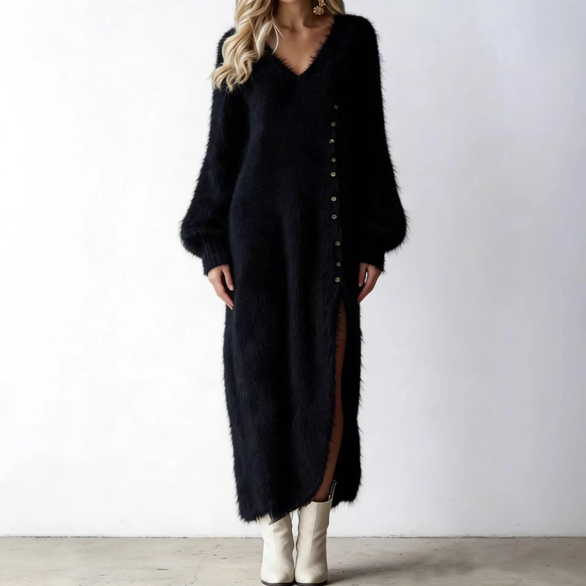 Lady Sexy V-neck Long Dress Fashion Button Hight Waist Loose White Party Dress 2026 New Elegant Split Solid Plush Maxi Dress