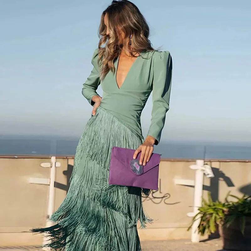 New 2026 French Elegant Deep V Neck Prom Dresses for Women Spring Fashion Spliced Tassel Dress Woman Long Sleeve Slim Maxi Dress