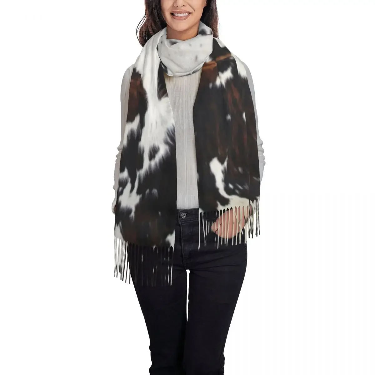 Cowhide Leather Texture Tassel Scarf Women Soft Animal Fur Shawls Wraps Lady Winter Fall Scarves