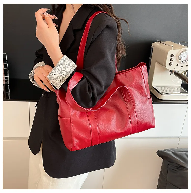 Vintage-Leder-Umhängetasche, geräumige Casual-Tragetasche mit zwei Griffen, Alltagstasche für Frauen, vielseitige Handtasche – Detail 25