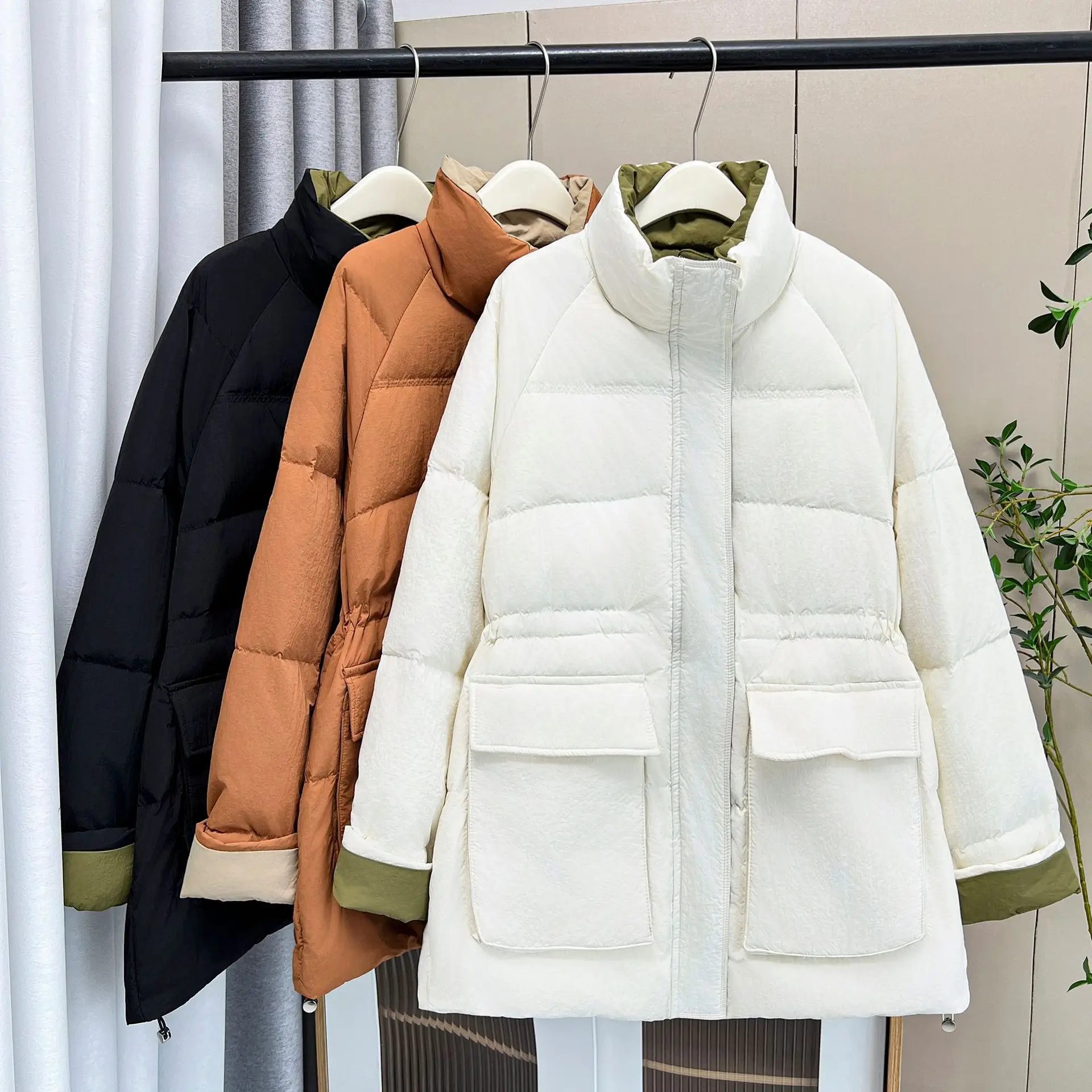 Plus Size Women Winter Down Coat Fashion Loose Thick Warm Stand Collar Large Pocket Block Color 50% White Down Jacket 2799