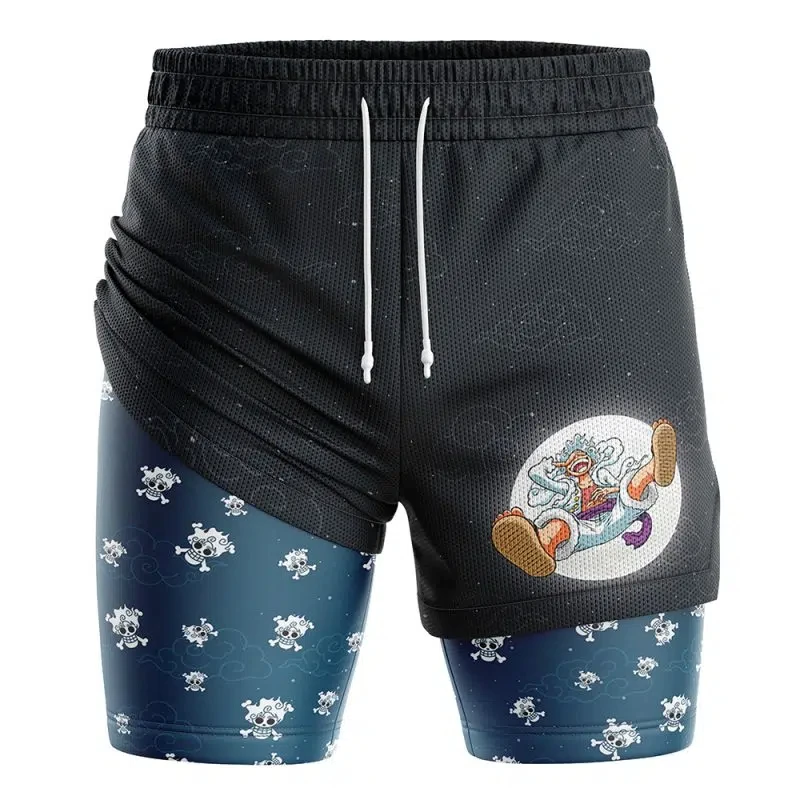 

Мужские шорты One Piece 2026: черные, двухслойные, для тренировок, с принтом Луффи и Зоро, быстросохнущие, свободного кроя, с карманами