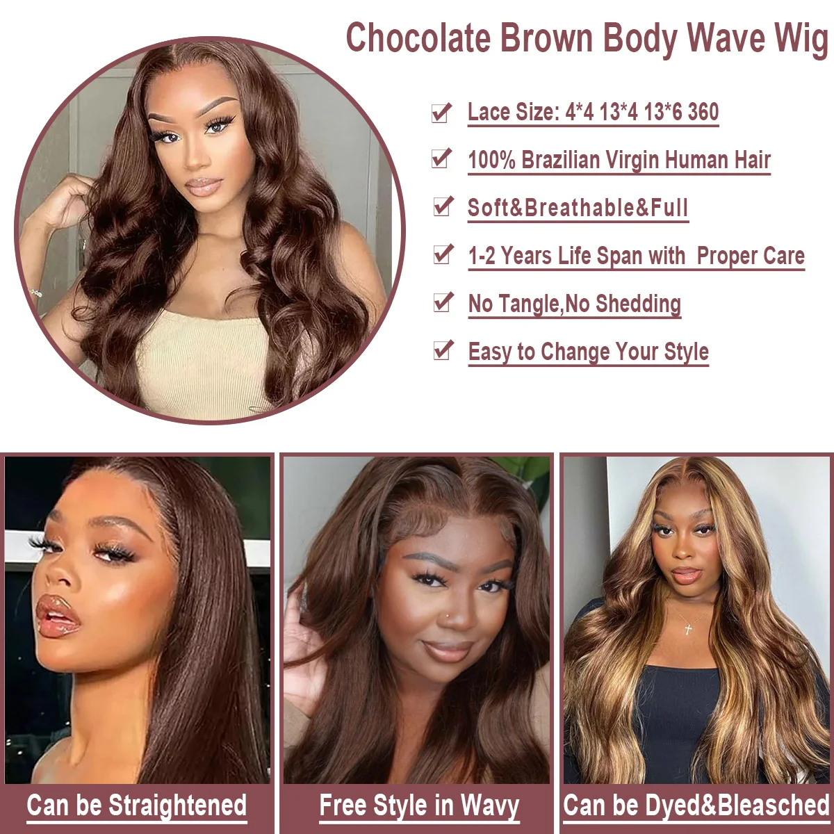 HD Chocoladebruin 13x4 Body Wave Kant Voor Menselijk Haar Pruiken Braziliaans Bruin Haar 360 Kant Frontale Pruiken voor Vrouwen Preplucked