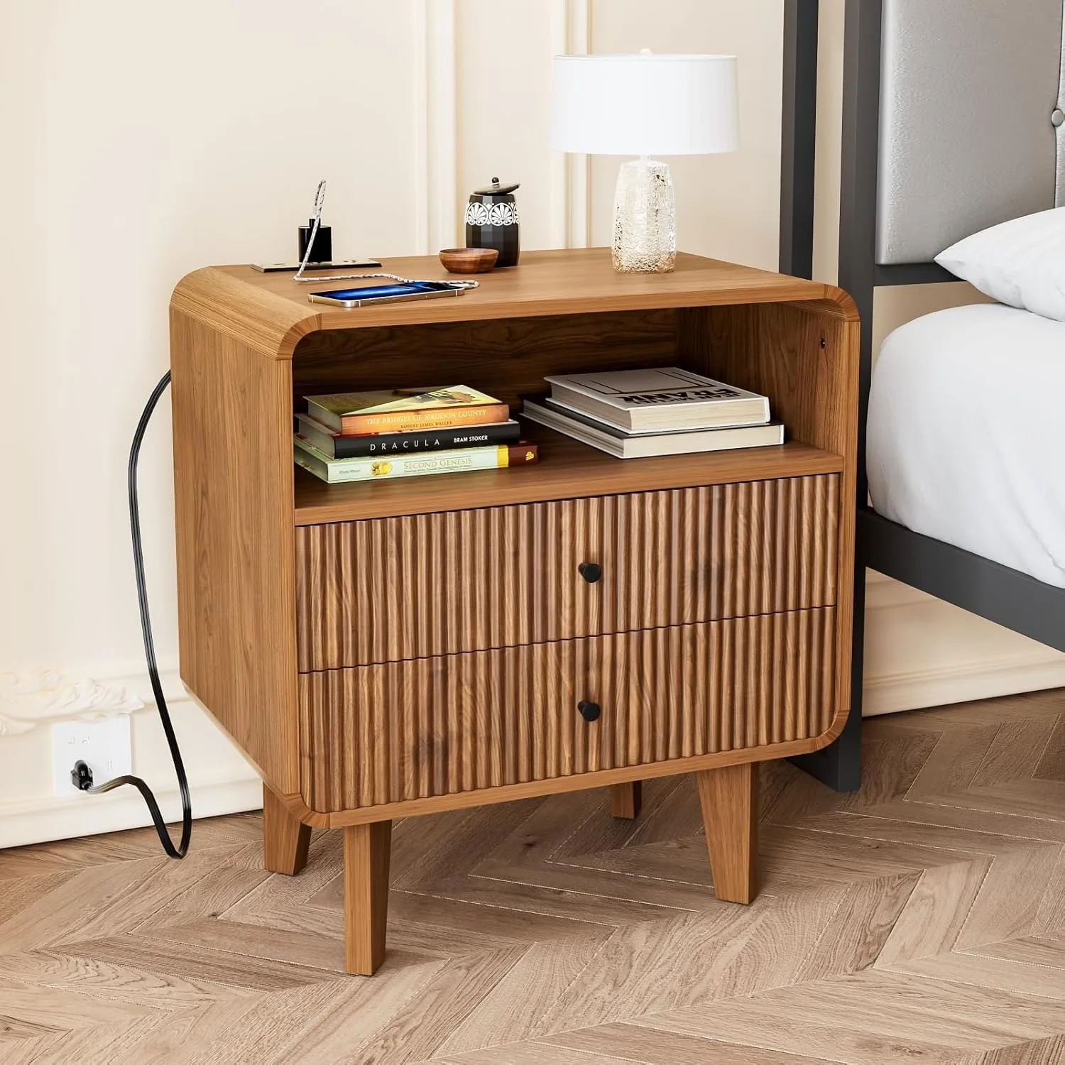 Mid Century Modern Wooden Nightstand With 2 Drawers & Charging Station Bedroom Side Bedside Table, Custom