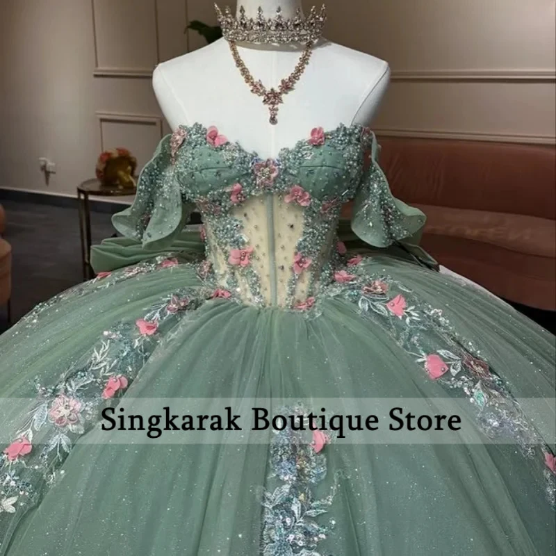 Shiny green Quinceanera Dress Lace off-shoulder Tull crystal 3D flower decal Bow vestidos de 15 Quinceanera ﻿Customized
