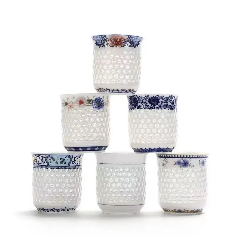 Crystal Hollow Tea Cup White Ceramic Teaware Blue Porcelain Teacup Kung Fu Tea Set Gifts Drinkware Water Cup Puer Tea Bowl