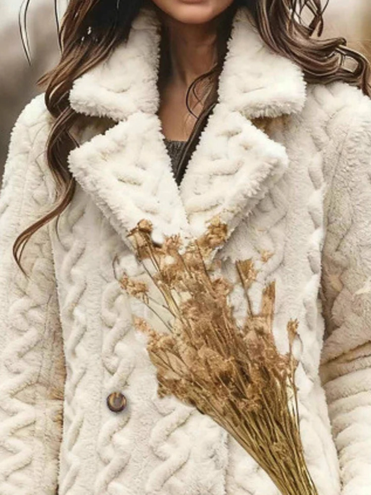 

Autumn Elegant Facquard Plush Outercoat Winter Fashion Lapel Collar Solid Color Coats Casual Long Sleeve Thickened Button Jacket