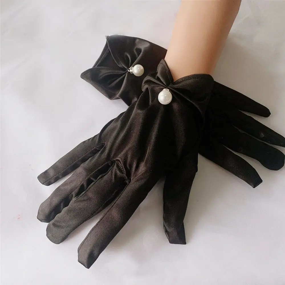 Elegant Temperament Satin Lolita JK Performance Bridal Women Wedding Gloves Korean Driving Mittens Pearl Full Finger Gloves