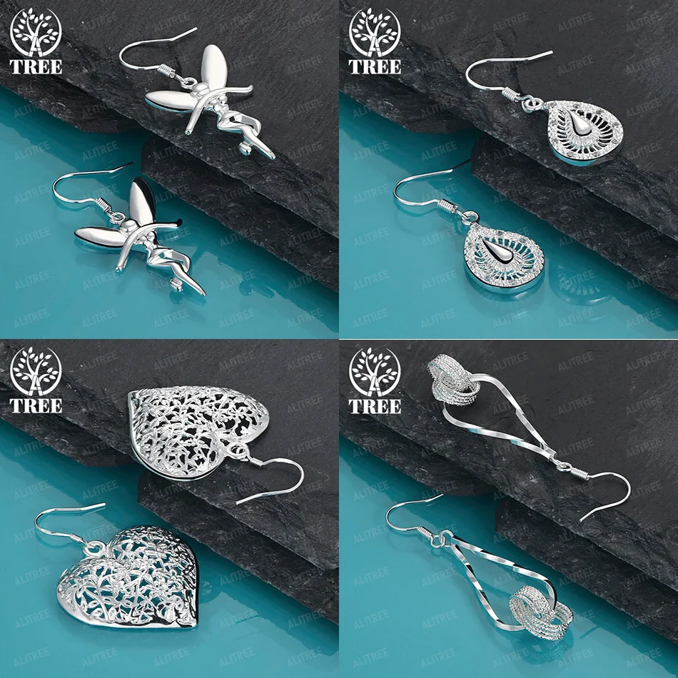 

New 925 Sterling Silver Hollow Heart Water Drop Fairy Double Ring Interwoven Drop Earrings Valentine Party Jewelry Accessories
