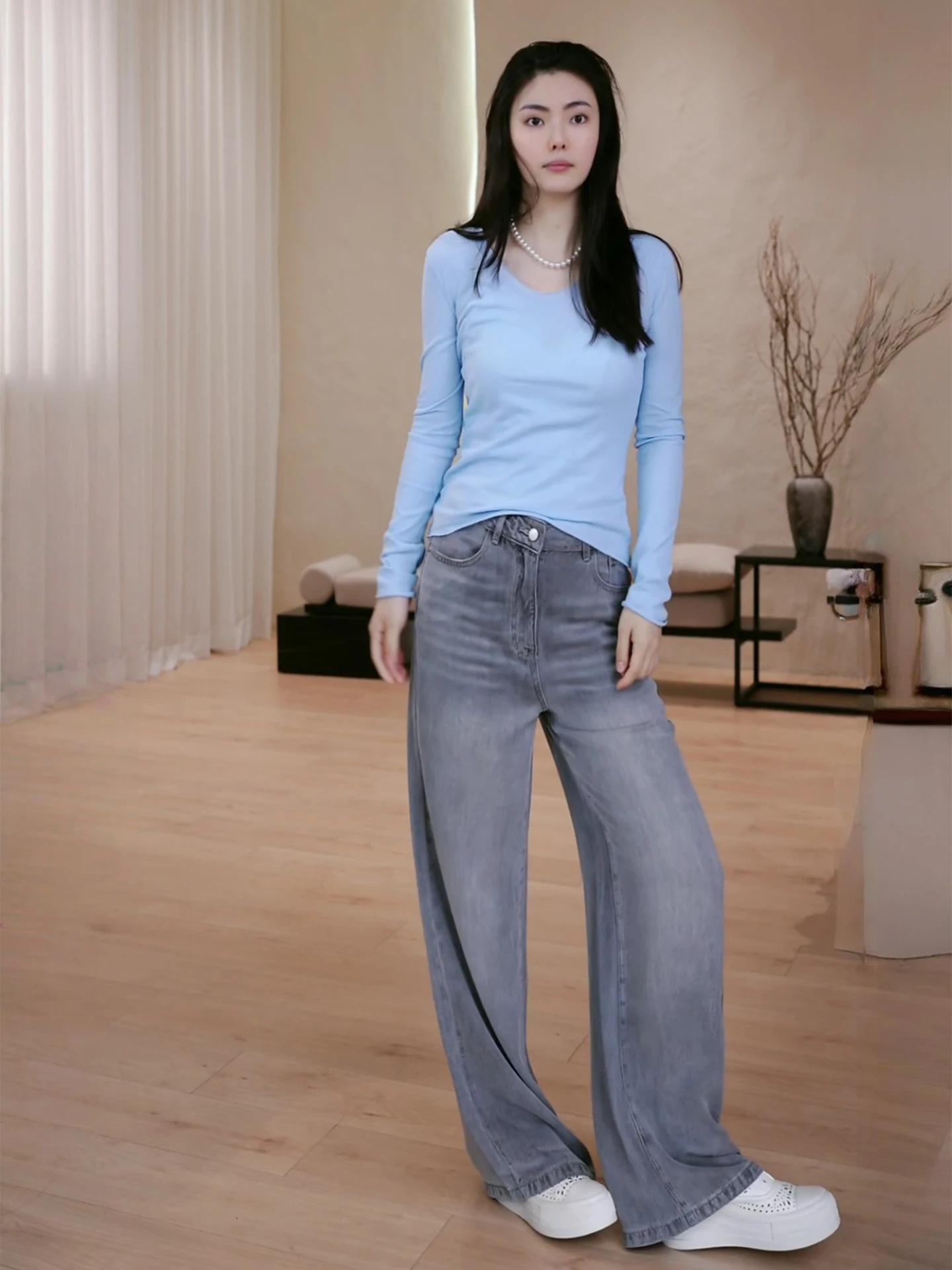 

Джинсы PM Wang Nannan Watered Grey Denim: Новая весенняя коллекция, ретро-стиль, синие, с высокой талией, широкие штанины, микроэластичные, с диагональным узором