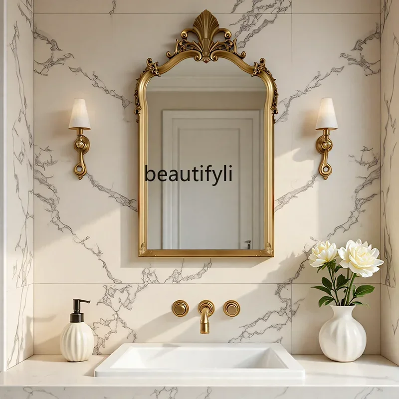European fireplace mirror wall hanging porch decorative mirror retro, French special-shaped light luxury dressing mirror6239