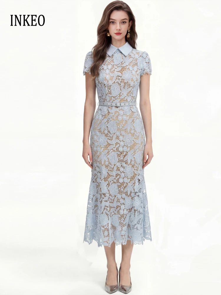 

Women Luxury Lace midi dress with belt 2026 Summer elegant Short sleeve mermaid skirt dresses slim Vestidos Pink INKEO 6D053