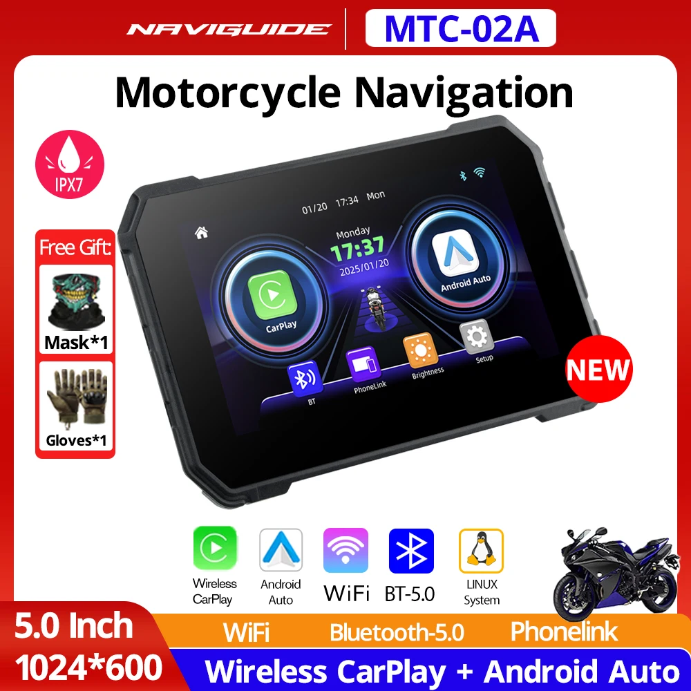 

NAVIGUIDE 5 Inch 800*480 / 1024*600 Wireless Carplay Android Auto IPX7 Waterproof GPS Motorcycle Navigation Monitor