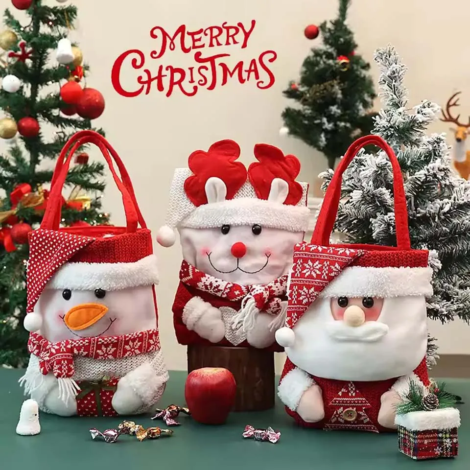 Bolsa de Regalo Tejida Navideña, Linda Bolsa de Mano de Peluche con Diseño de Manzana y Caramelo, Santa Claus, Muñeco de Nieve, Alce, Decoración para Nochebuena y Año Nuevo 2026