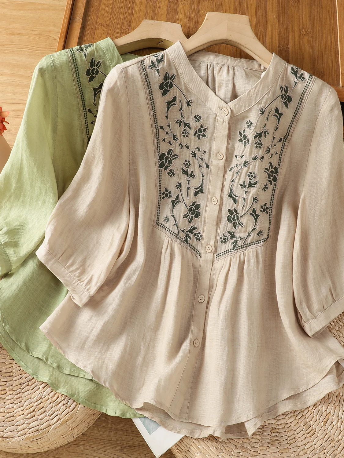 

Льняной одяг с вышивкой в стиле ретро, свободный крой, повседневный открытый кардиган с воротником-стойкой и воротником-стойкой для больших размеров, женская летняя одежда