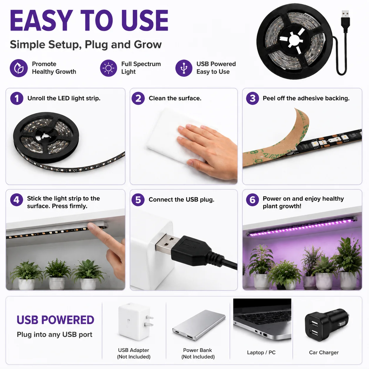 LED plant growth light strip, 5V USB powered. Pinkish-purple, suitable for seedlings, indoor plants, and greenhouse horticulture
