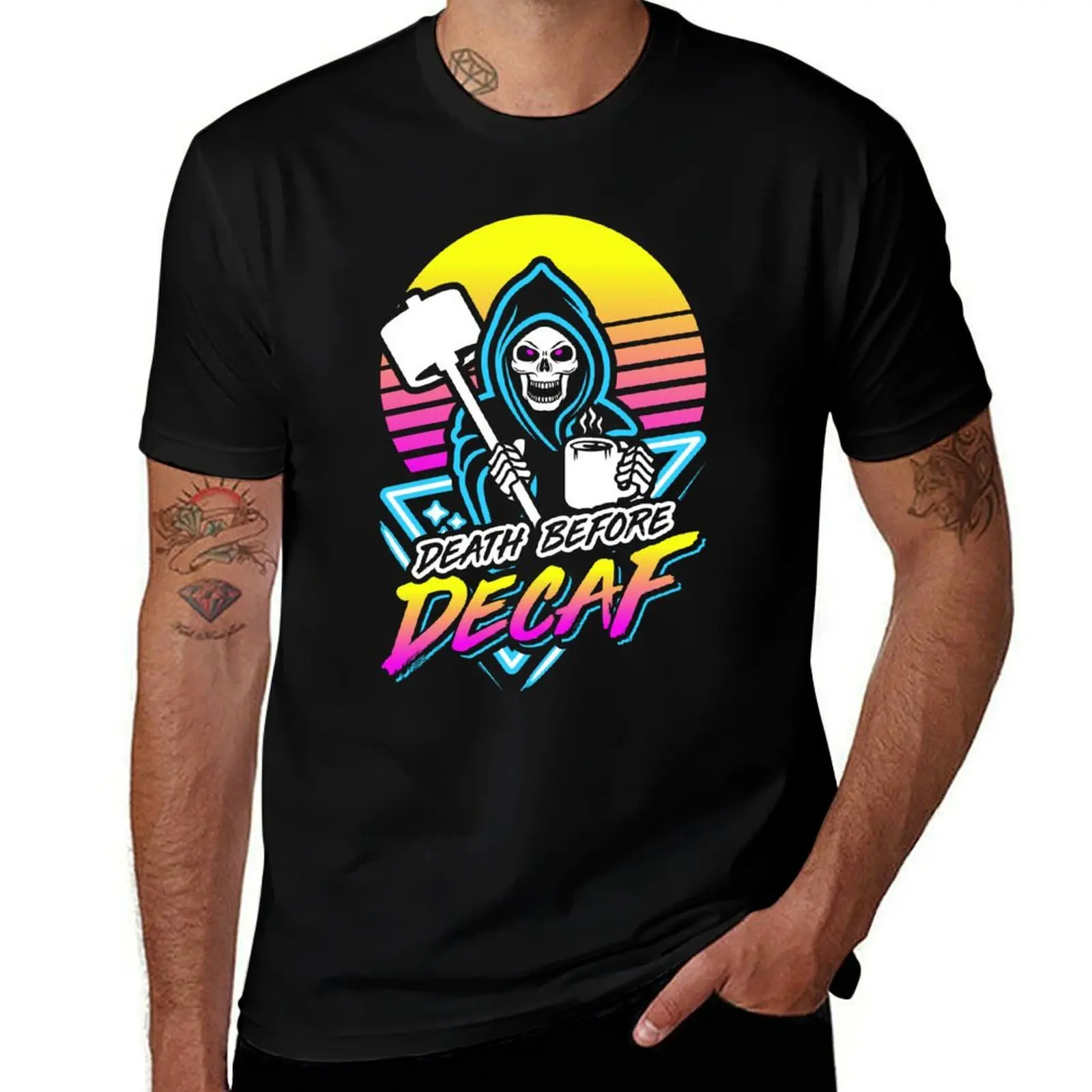Death Before Decaf (Gym Reaper) Retro Neon Synthwave 80s 90s T-Shirt All Weather Casual Short Sleeve T-Shirt