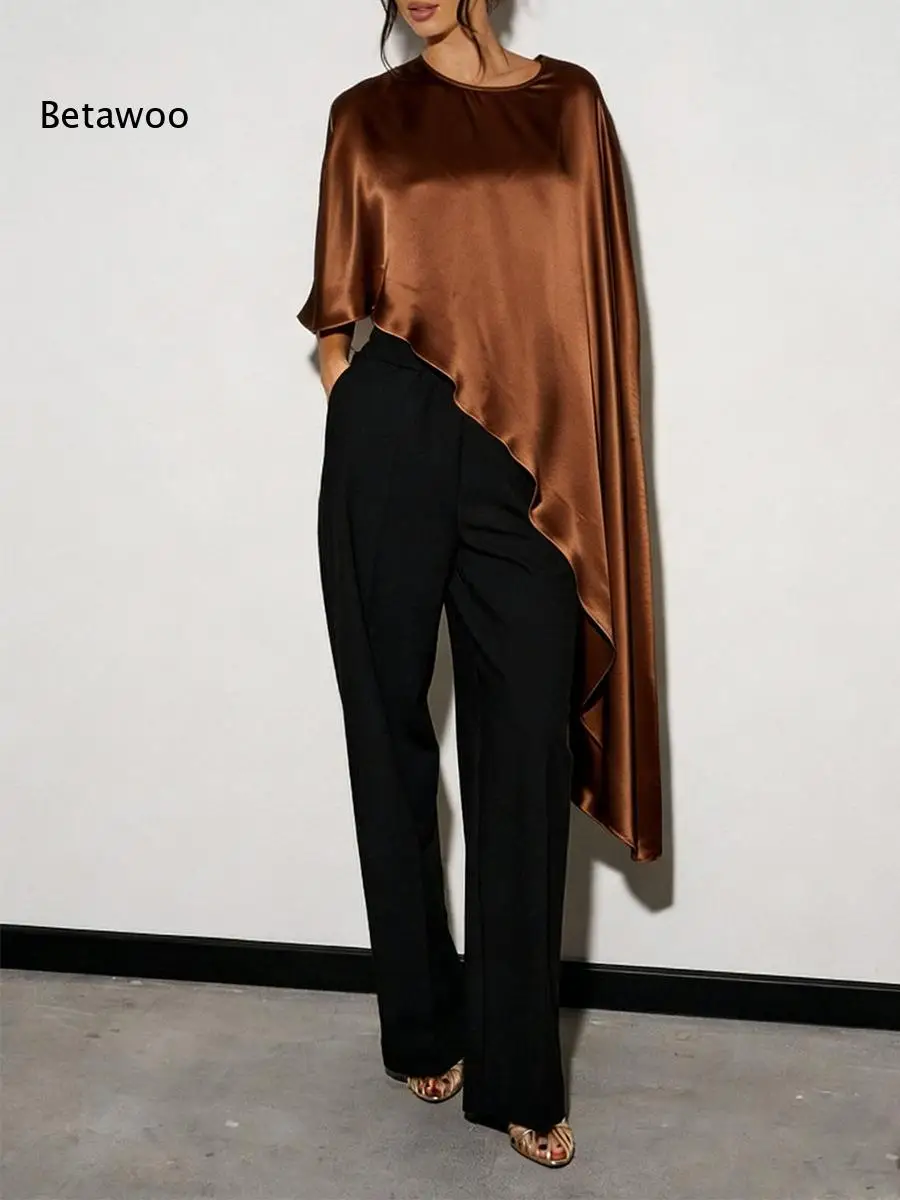 Women Satin Asymmetric Batwing Sleeve Blouse Round Neck Draped One Side Long Cape Loose Elegant Evening Party Top