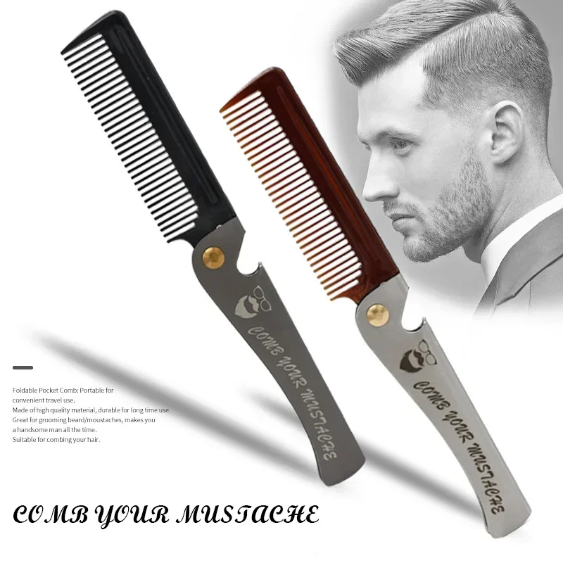 Metal Men Folding Pocket Comb Knife Shape PP Teeth Detangling Hair Beard Facial Comb Handle Foldable Combing Mustache Comb Tool