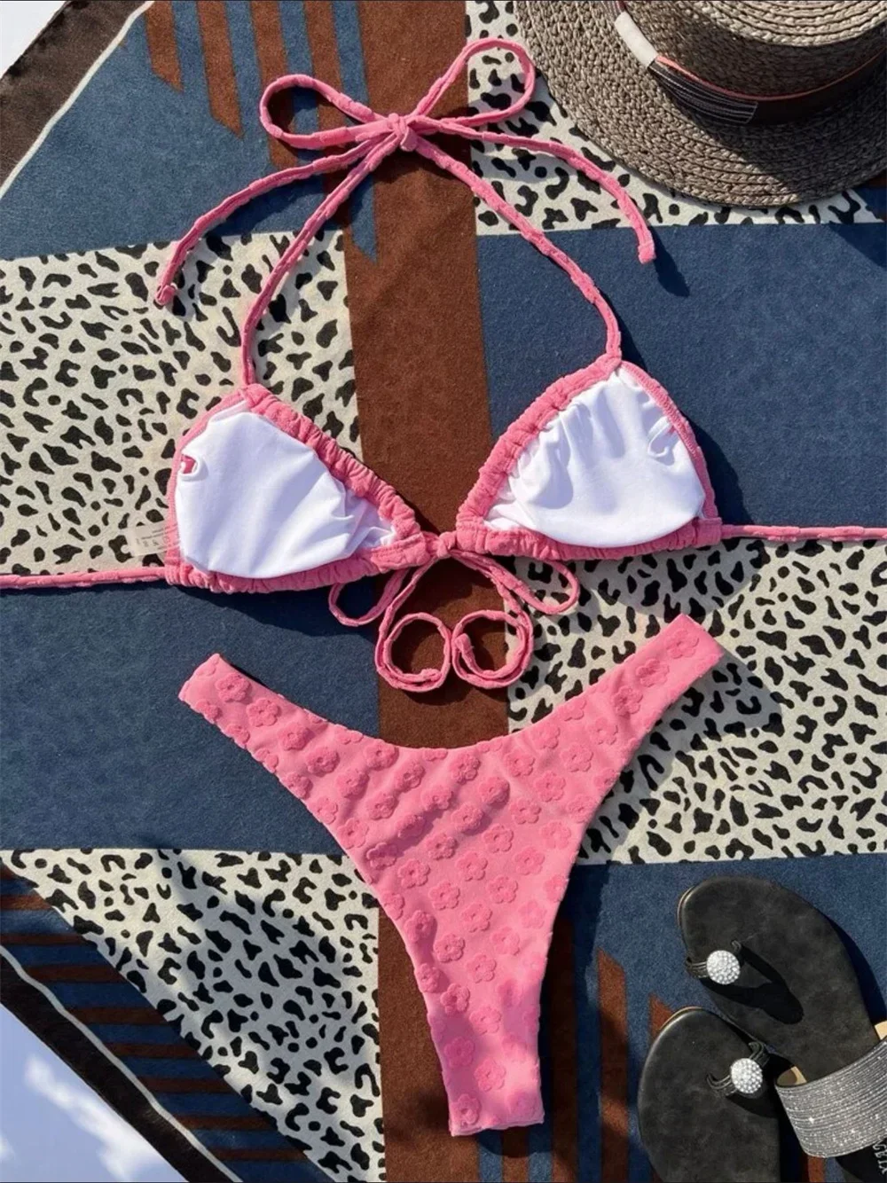 Maillot de bain deux pièces pour femmes, bikini string, dos nu, sexy, triangle, fleurs roses, Y2K, vêtements de plage