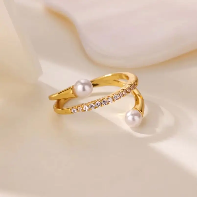 Zirkon-Imitationsperlenring, Ringe für Damen, goldfarben, Edelstahl, geometrischer Ring, ästhetischer Hochzeits- und Weihnachtsschmuck