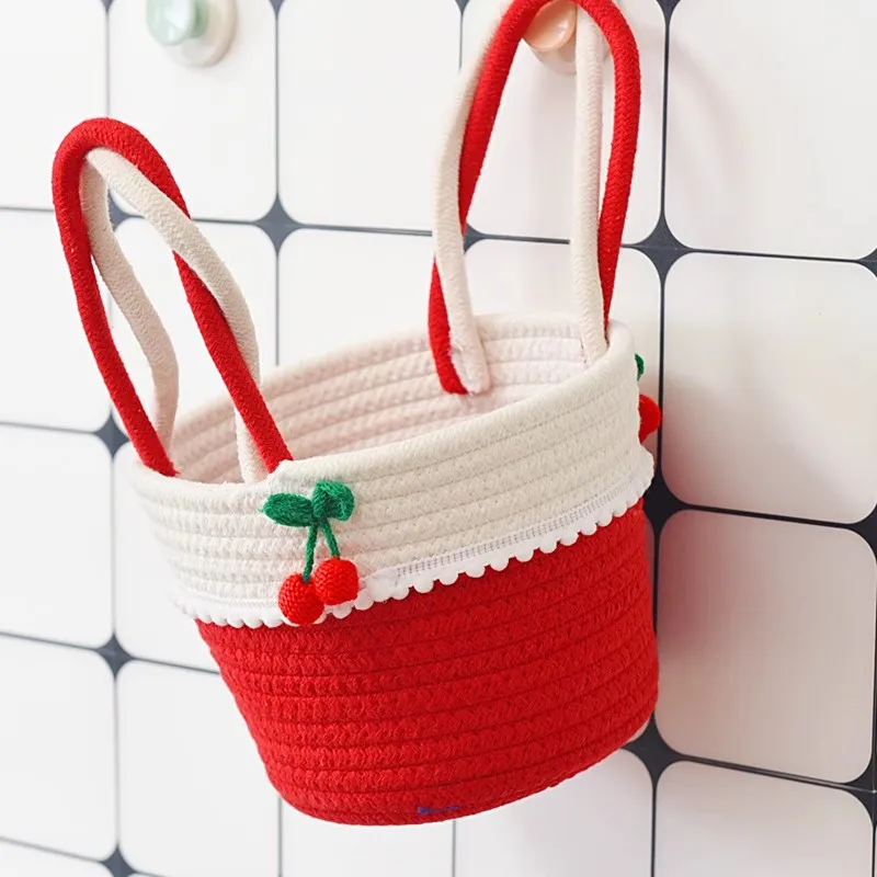 Handwoven Colorful Bag Bucket Bag Cosmetics Storage Bag Cotton Thread Storage Basket Picnic Carrying Basket