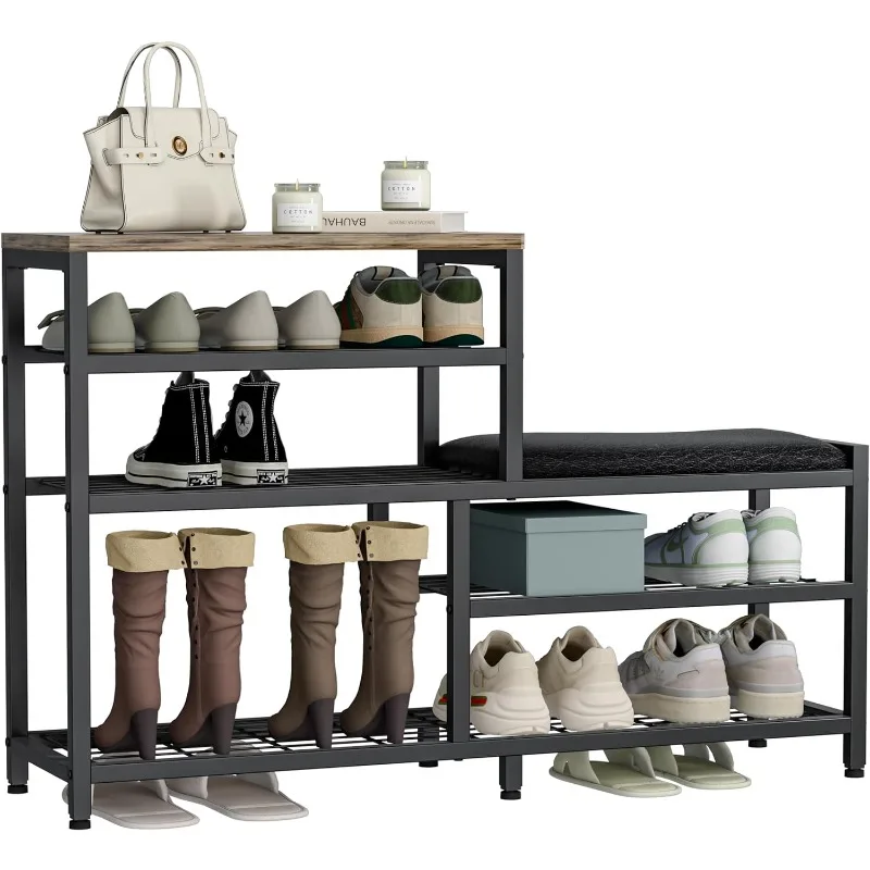 

Stylish 5-Tier Shoe Rack Bench with Seat - Entryway Storage Organizer in Industrial Design Brown Black