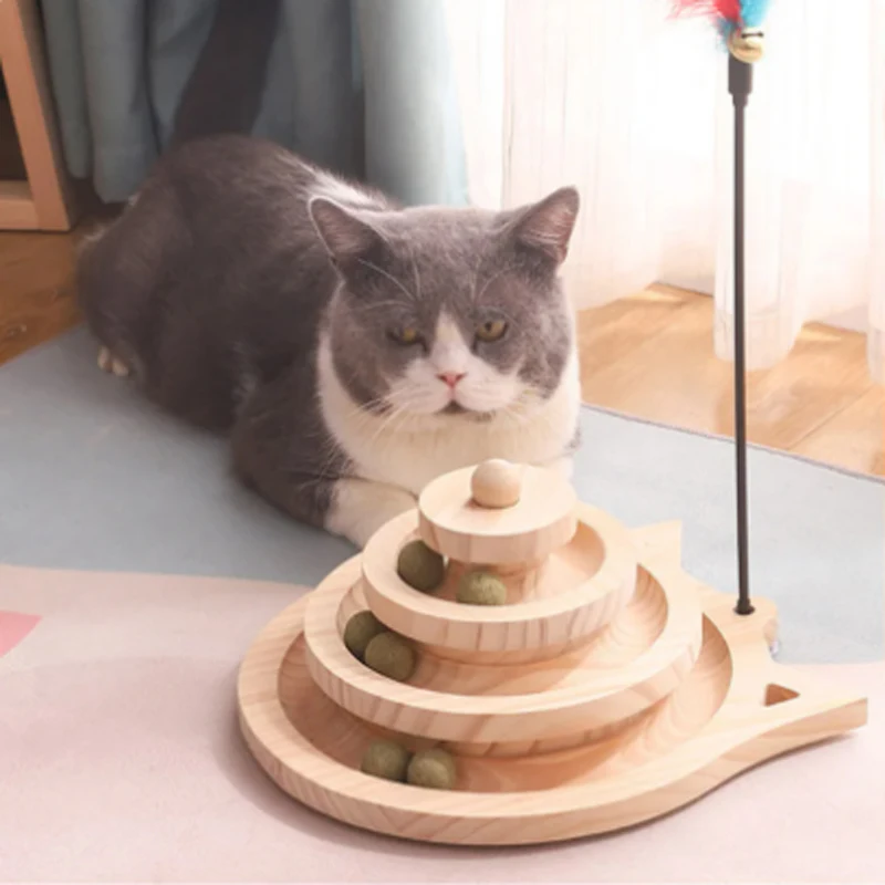 Wooden 2/3 Levels Pet Cat Toy Tower Tracks Disc Cat Intelligence Amusement Triple Play Disc Cat Toys Ball Training Toys