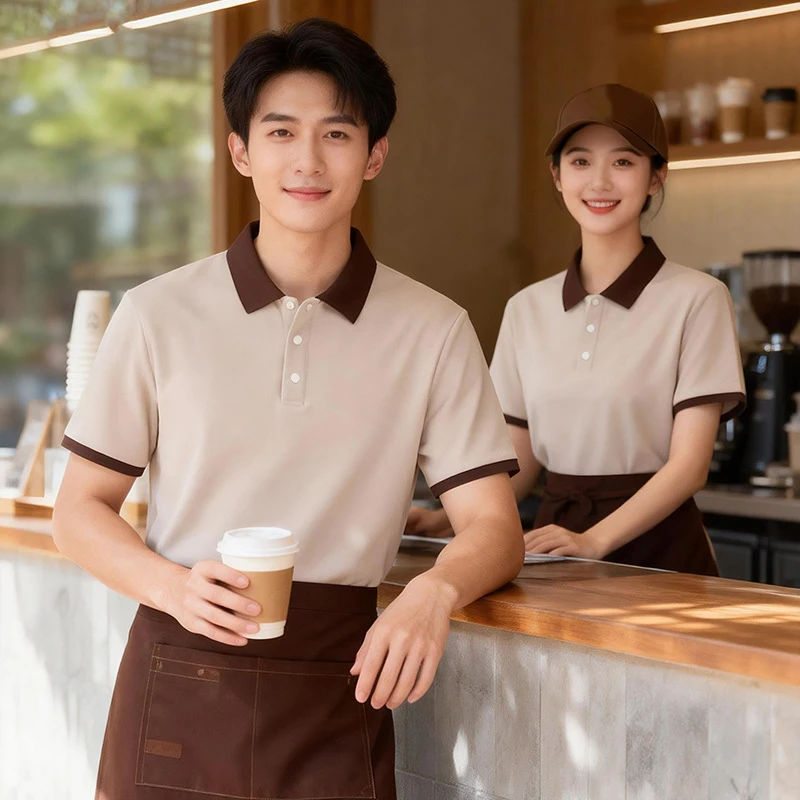 

Two-tone collar restaurant work uniformTT-shirt SeallogoShort-sleeved workwear for female milk tea cafe waitresses