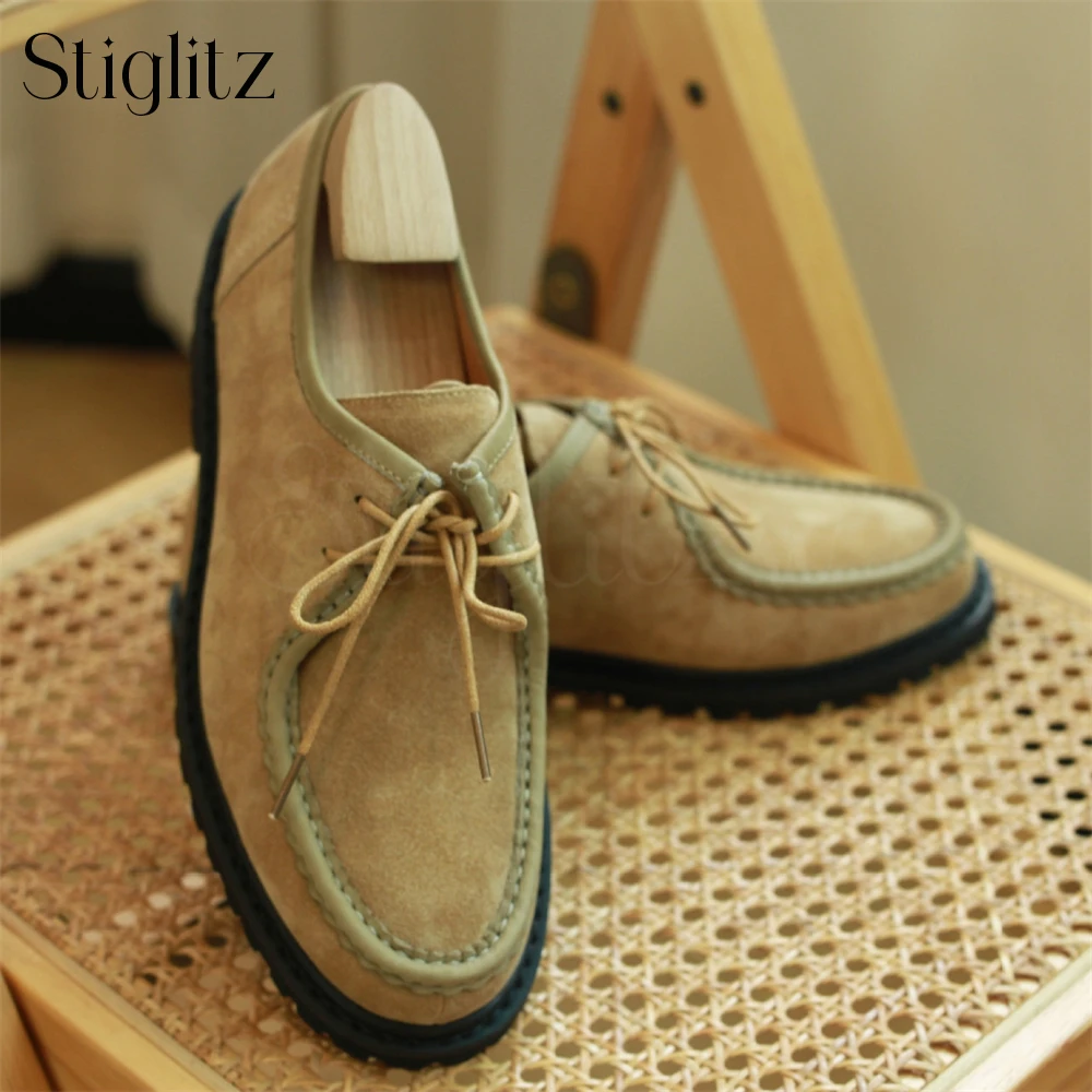 

Suede Casual Shoes Retro Style Lace-Up Shoes Stitching Design Soft Leather Fashion Comfortable Shoes Round Toe Leather Men Shoes