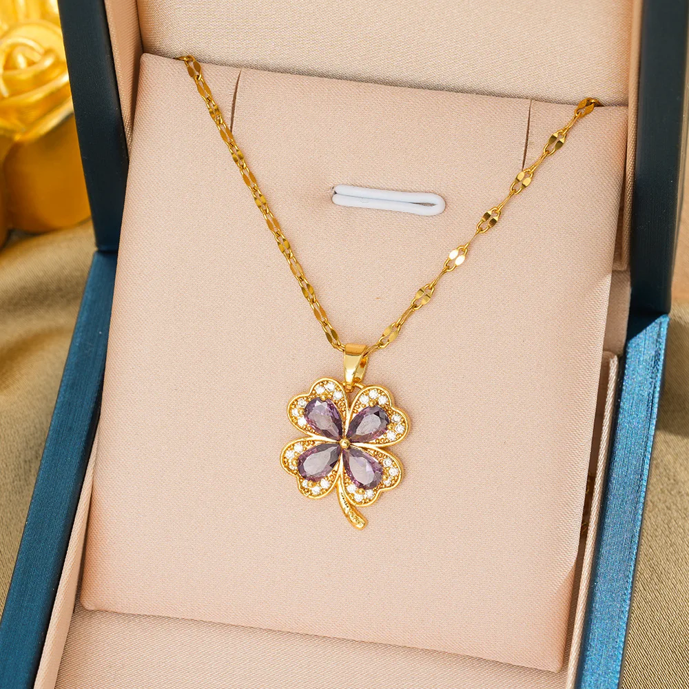 

Four-leaf flower titanium steel necklace, versatile collarbone chain for women's fashion accessories, zircon