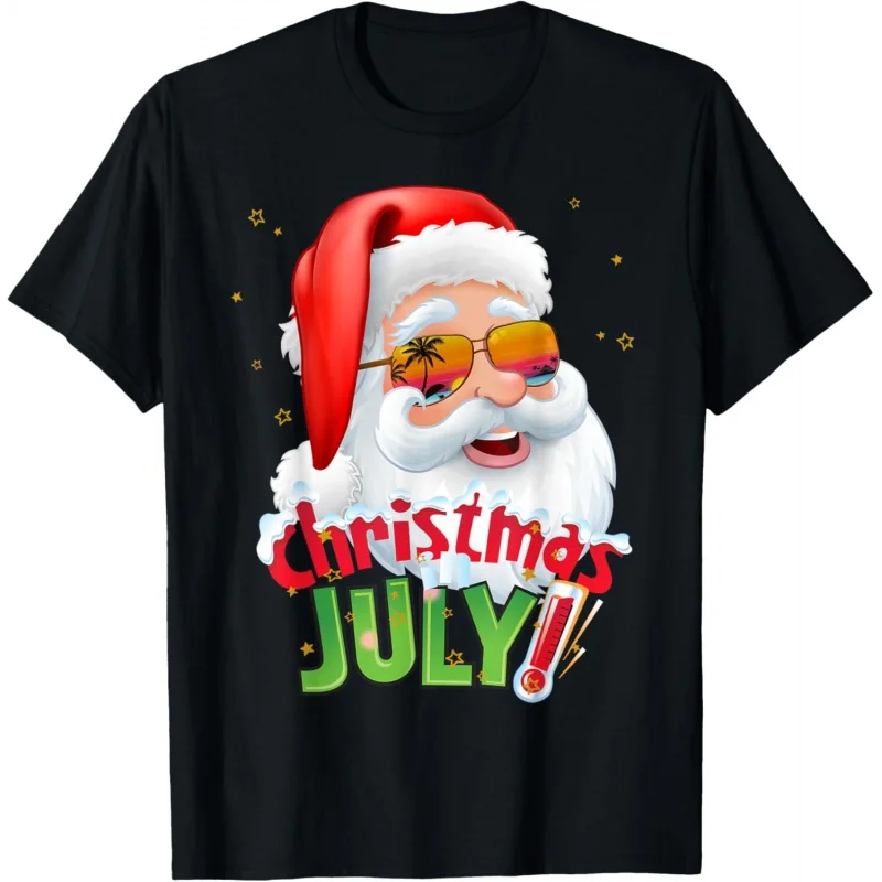 

Christmas Black Short sleeved T-shirt Fun July Shirt Summer Santa Claus Sunglasses Pattern ﻿