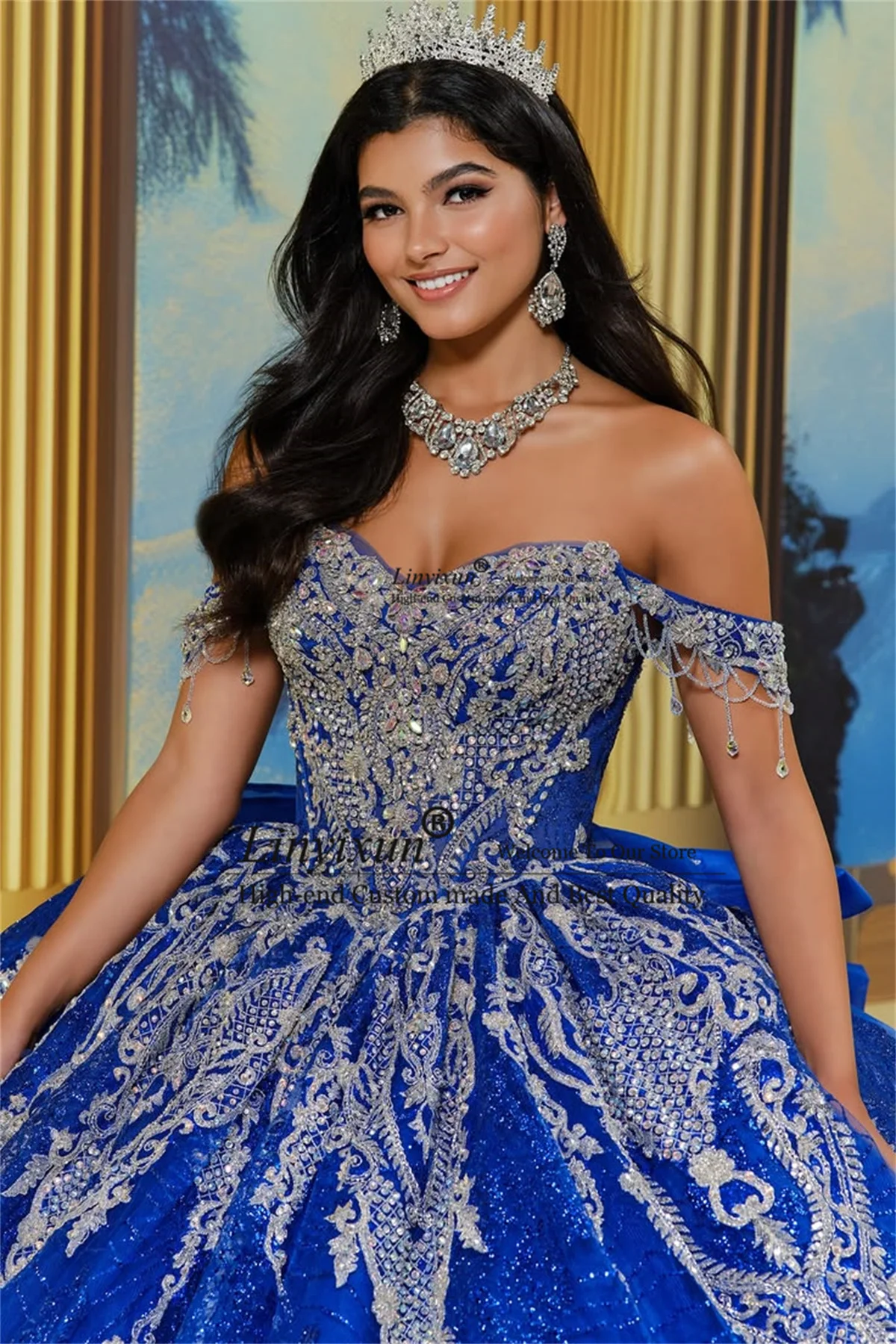 Vestidos de Quinceañera Elegantes com Apliques de Renda e Lantejoulas, Vestido de Baile Ombro a Ombro para Festa de 16 Anos, Vestidos de Aniversário Personalizados para 15 Anos (XV Anos)